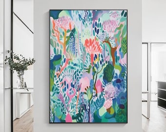 Original grüne Blumen Ölgemälde auf Leinwand abstrakte Blumen Malerei Boho Wandbild abstrakte grüne Ölmalerei Wanddekor Wohnzimmer