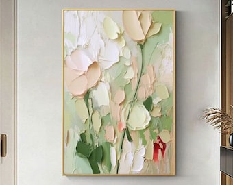 Original minimalist green floral art painting abstract flower oil painting on canvas Boho wall art modern floral acrylic painting