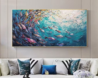 Original Fish School Oil Painting on Canvas Large Wall Art Abstract Blue Ocean Painting 3D Textured Art Boho Wall Décor Living Room Decor