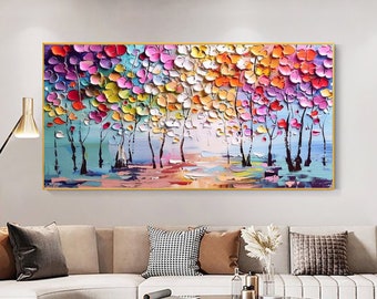 Pintura al óleo floral colorida original sobre Canva Naturaleza vibrante Bosque Flor Árbol Cuchillo 3D Pintura de paisaje texturizada Boho Decoración de la sala de estar