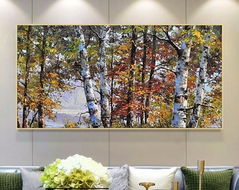 Tree Oil Painting On Canvas, Birch Tree Landscape Art, Original Yellow Autumn Birch Forest Painting, Silver Tree Wall Art For Living Room