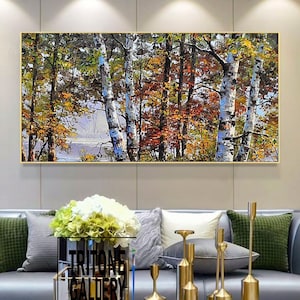 Tree Oil Painting On Canvas, Birch Tree Landscape Art, Original Yellow Autumn Birch Forest Painting, Silver Tree Wall Art For Living Room