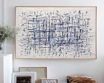 Blue Abstract Painting,Modern Blue Minimalist Wall Art Living Room Decor,Textured Abstract Painting,White Blue Abstract Painting
