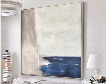 Blue Grey Abstract Painting, Large Contemporary Canvas Art, Modern Blue Minimalist Wall Art Living Room Decor