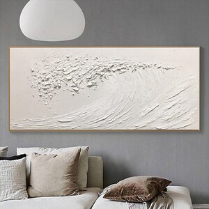 Grandes vagues texturées 3D sur toile Peinture abstraite minimaliste blanche Peinture côtière abstraite Art contemporain Décoration d'intérieur