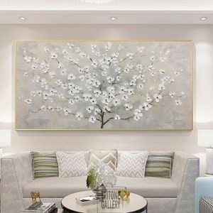 Flower Painting Tree Oil Painting, Large Blooming Cherry Tree Tower Landscape Painting, White Floral Tree Wall Art Spring Living Room Décor