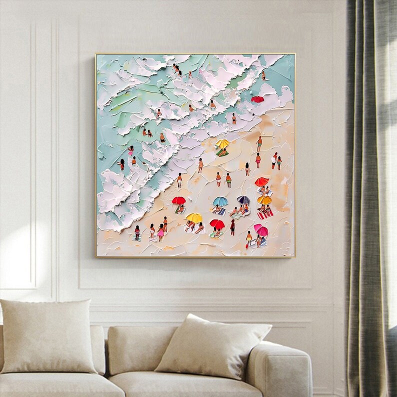 3D Happy Coast Painting Swimming Painting Abstract Summer Personalized Gift Summer Art Costal Art Crowds on the Shore Painting Living Room image 3