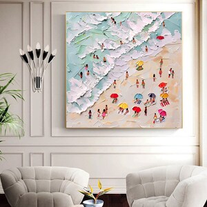 3D Happy Coast Painting Swimming Painting Abstract Summer Personalized Gift Summer Art Costal Art Crowds on the Shore Painting Living Room image 4