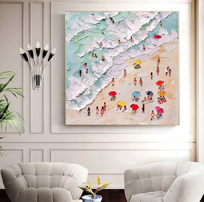 3D Happy Coast Painting Swimming Painting Abstract Summer Personalized Gift Summer Art Costal Art Crowds on the Shore Painting Living Room image 4