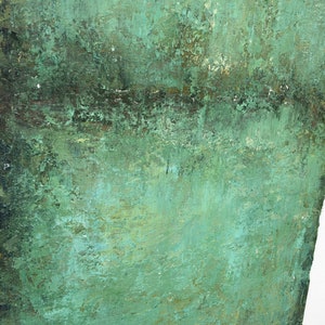 May include: Abstract painting with a textured green background. The paint is applied in thick layers, creating a sense of depth and movement. The colours are muted and earthy, with hints of brown and yellow.