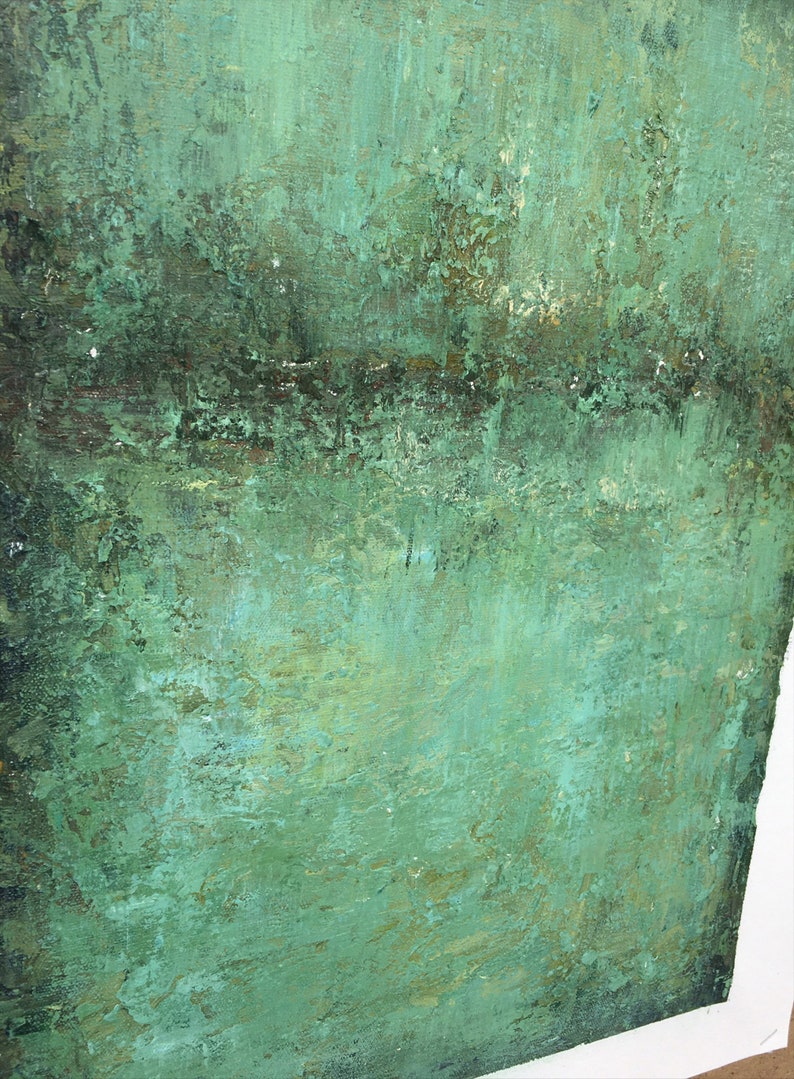 May include: Abstract painting with a textured green background. The paint is applied in thick layers, creating a sense of depth and movement. The colours are muted and earthy, with hints of brown and yellow.