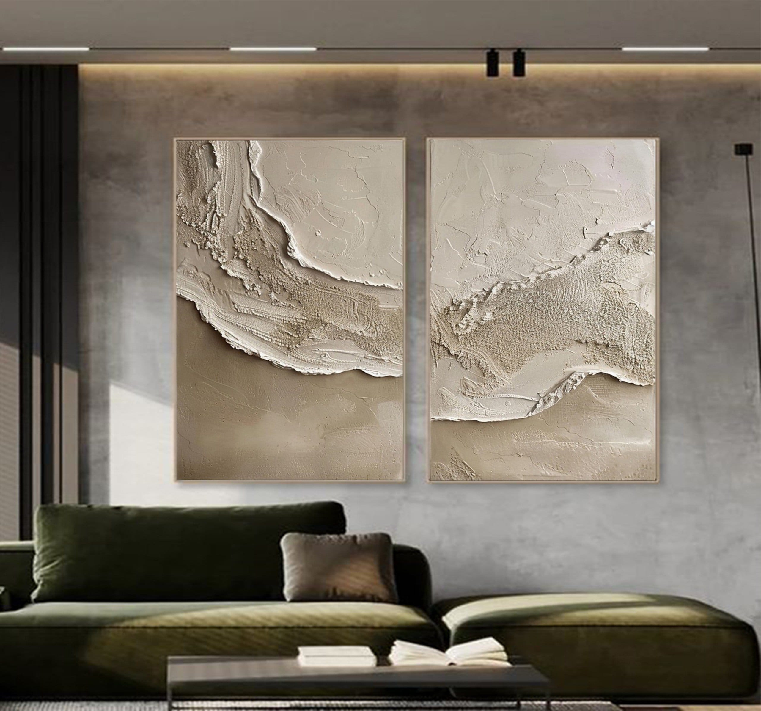 Set of 2 Beige Ocean Waves Painting on Canvas,wabi Sabi Wall Art ...