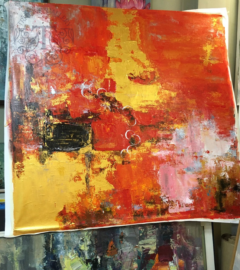 Abstract Oil Painting Red and Gold Leaf Modern Artwork Etsy