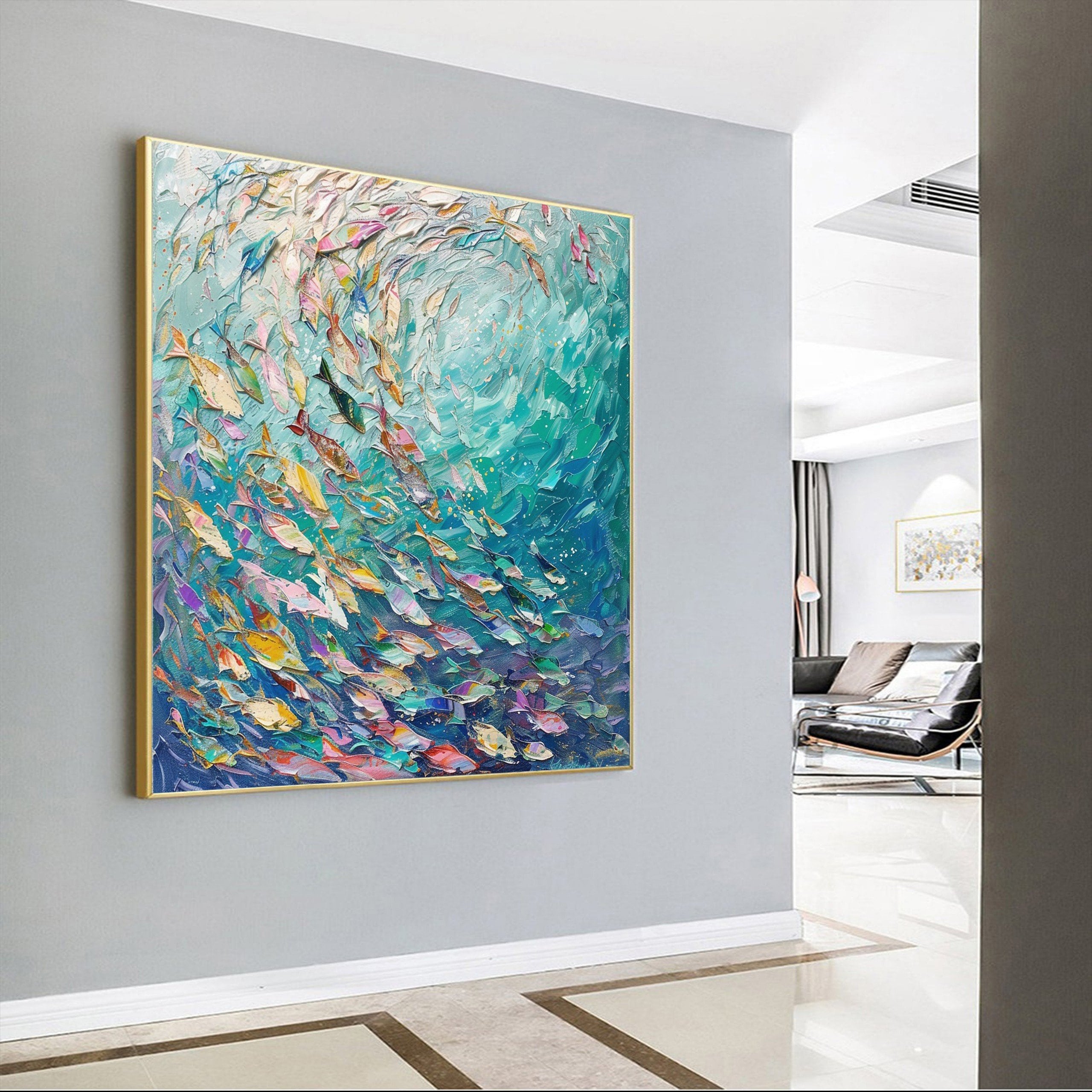 大型オリジナル魚群油絵キャンバスキャンバスウォールアート3D