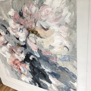 May include: Abstract painting with pink, white, and gray flowers on a gray background. The flowers are painted in a loose, expressive style.