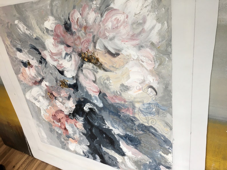 May include: Abstract painting with pink, white, and gray flowers on a gray background. The flowers are painted in a loose, expressive style.