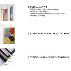 May include: Image showcasing three canvas options: rolled canvas, stretcher canvas, and stretch + frame. The rolled canvas is a painting without stretcher bars. The stretcher canvas is ready to hang. The stretch + frame option includes frame colors: silver, gold, black, and white.