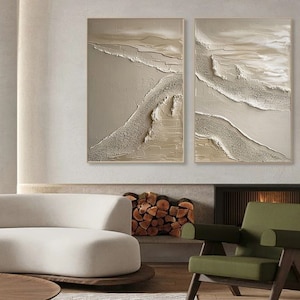 Texture Beige Abstract Beach Ocean Waves Painting On Canvas,Wabi Sabi Art,Set of 2 Pieces Waves Painting,Minimalists 3D Wall Art,Home Decor image 8