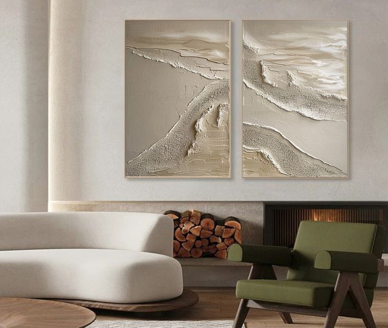 Texture Beige Abstract Beach Ocean Waves Painting On Canvas,Wabi Sabi Art,Set of 2 Pieces Waves Painting,Minimalists 3D Wall Art,Home Decor image 8