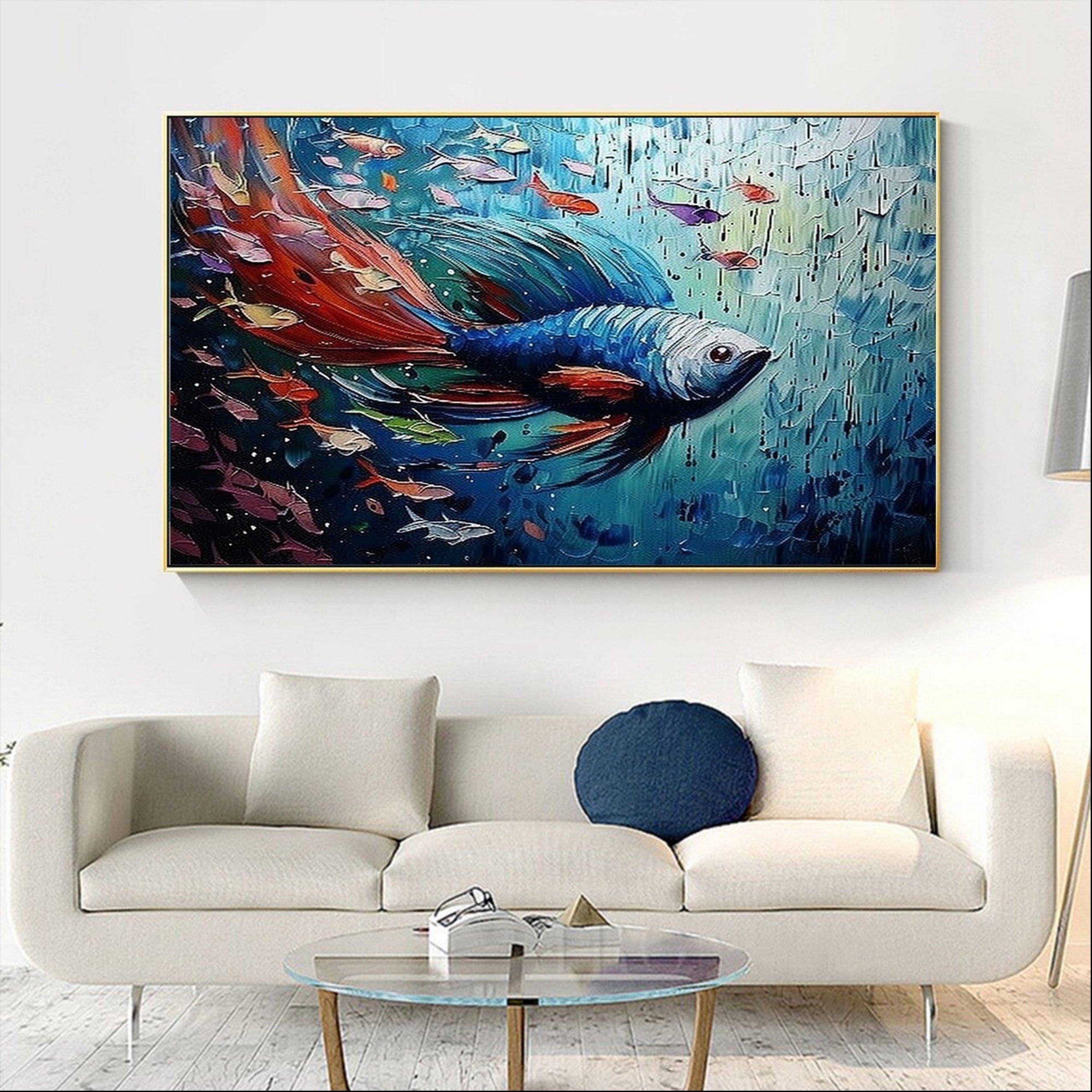 Quadro Su Tela Dipinto A Mano 'Pesce Da Viaggio' - 120x40 Cm, Acrilico Su Tela, Arte Moderna Blu, Con Certificato - Foto 12