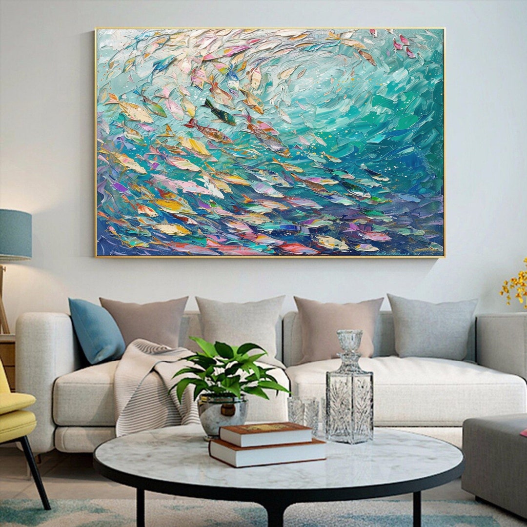 専用出品 キャンバスに描かれた大きなオリジナル魚群油絵 キャンバス壁アート 3D