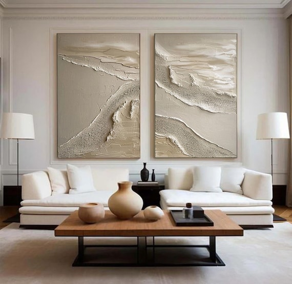Texture Beige Abstract Beach Ocean Waves Painting On Canvas,Wabi Sabi Art,Set of 2 Pieces Waves Painting,Minimalists 3D Wall Art,Home Decor