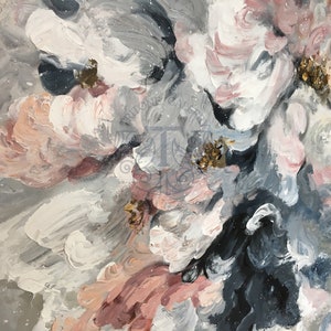 May include: Abstract painting featuring a close-up of pink, white, and gray flowers with gold accents. The flowers are painted in a loose, expressive style.
