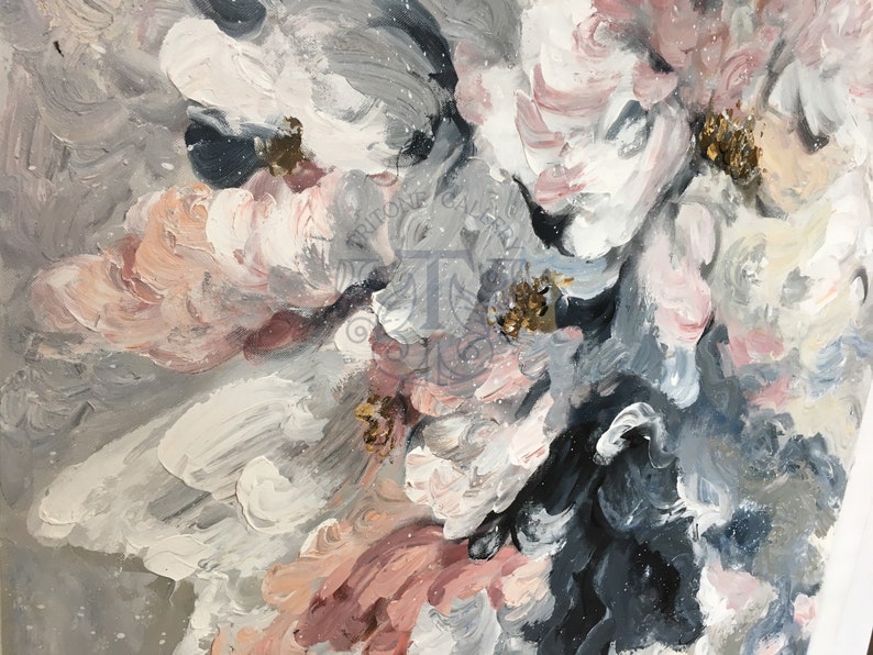 May include: Abstract painting featuring a close-up of pink, white, and gray flowers with gold accents. The flowers are painted in a loose, expressive style.