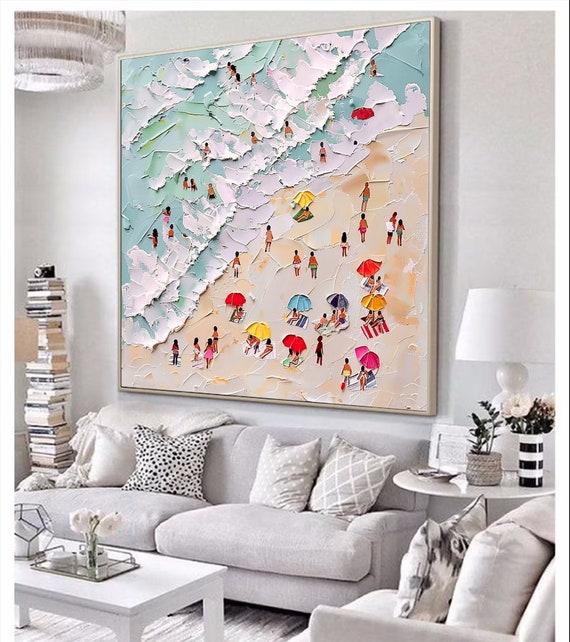 3D Happy Coast Painting Swimming Painting Abstract Summer Personalized Gift Summer Art Costal Art Crowds on the Shore Painting Living Room