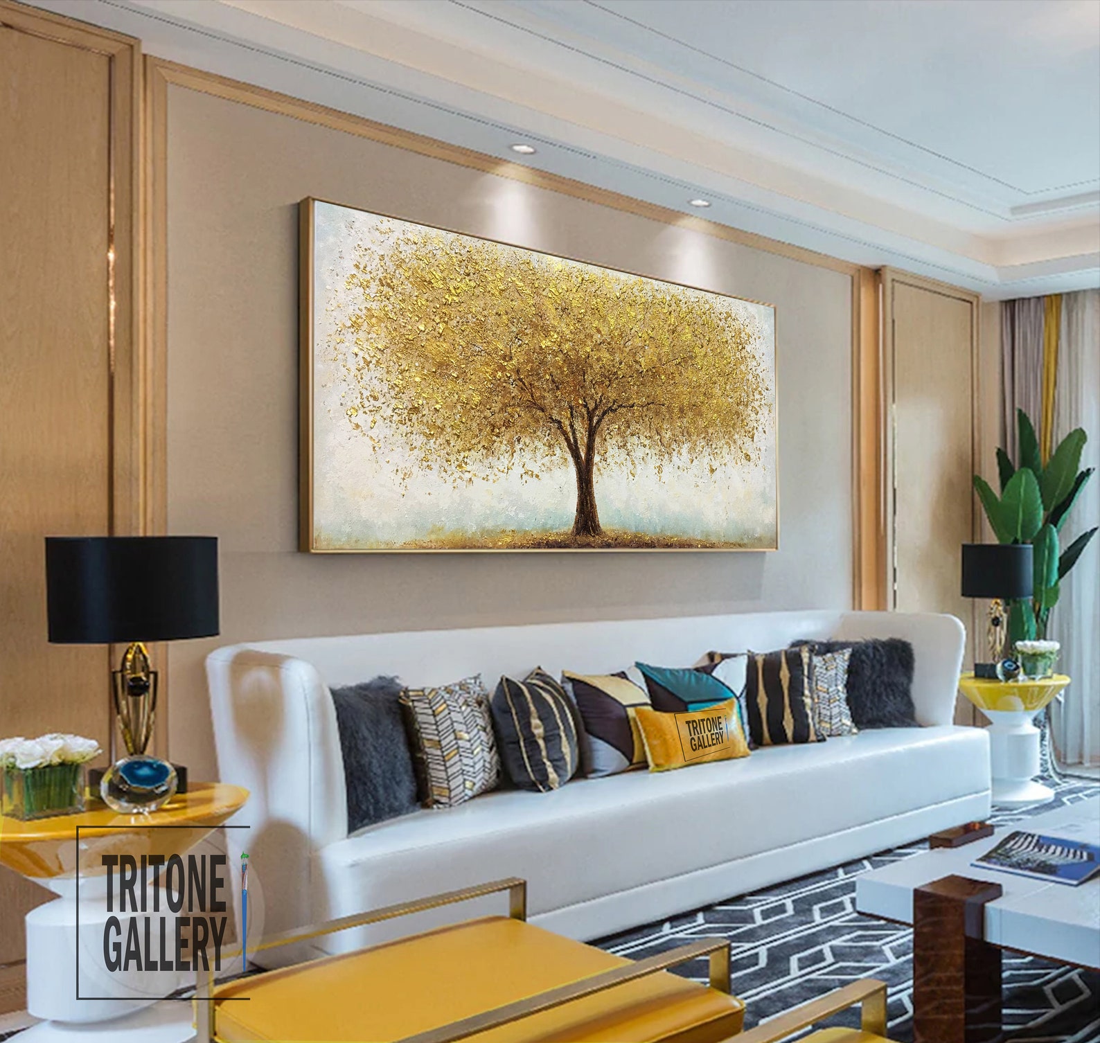 Tree Oil Painting Gold Abstract Art, Large Tree Tower Landscape ...