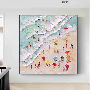 3D Happy Coast Painting Swimming Painting Abstract Summer Personalized Gift Summer Art Costal Art Crowds on the Shore Painting Living Room image 9