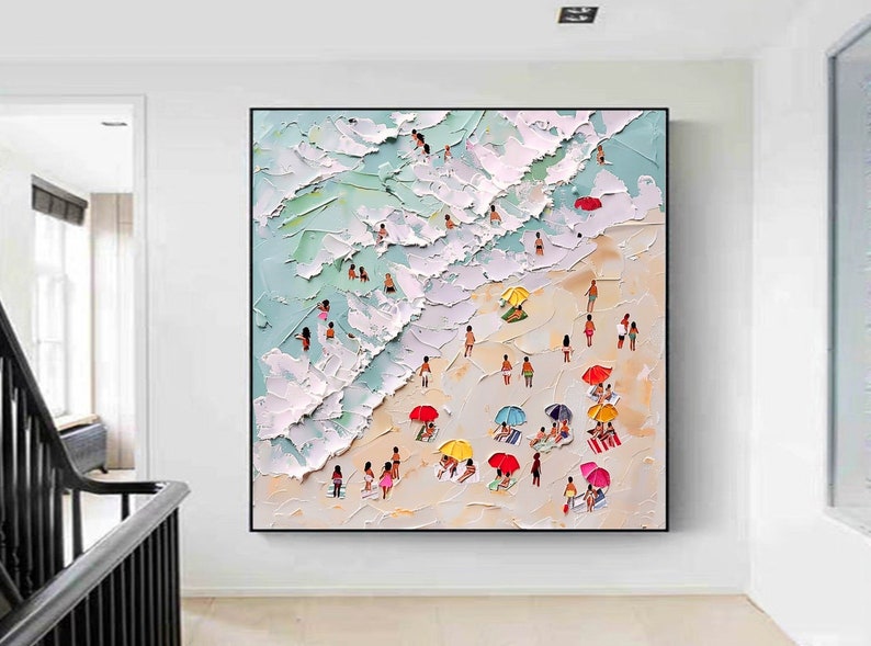 3D Happy Coast Painting Swimming Painting Abstract Summer Personalized Gift Summer Art Costal Art Crowds on the Shore Painting Living Room image 9
