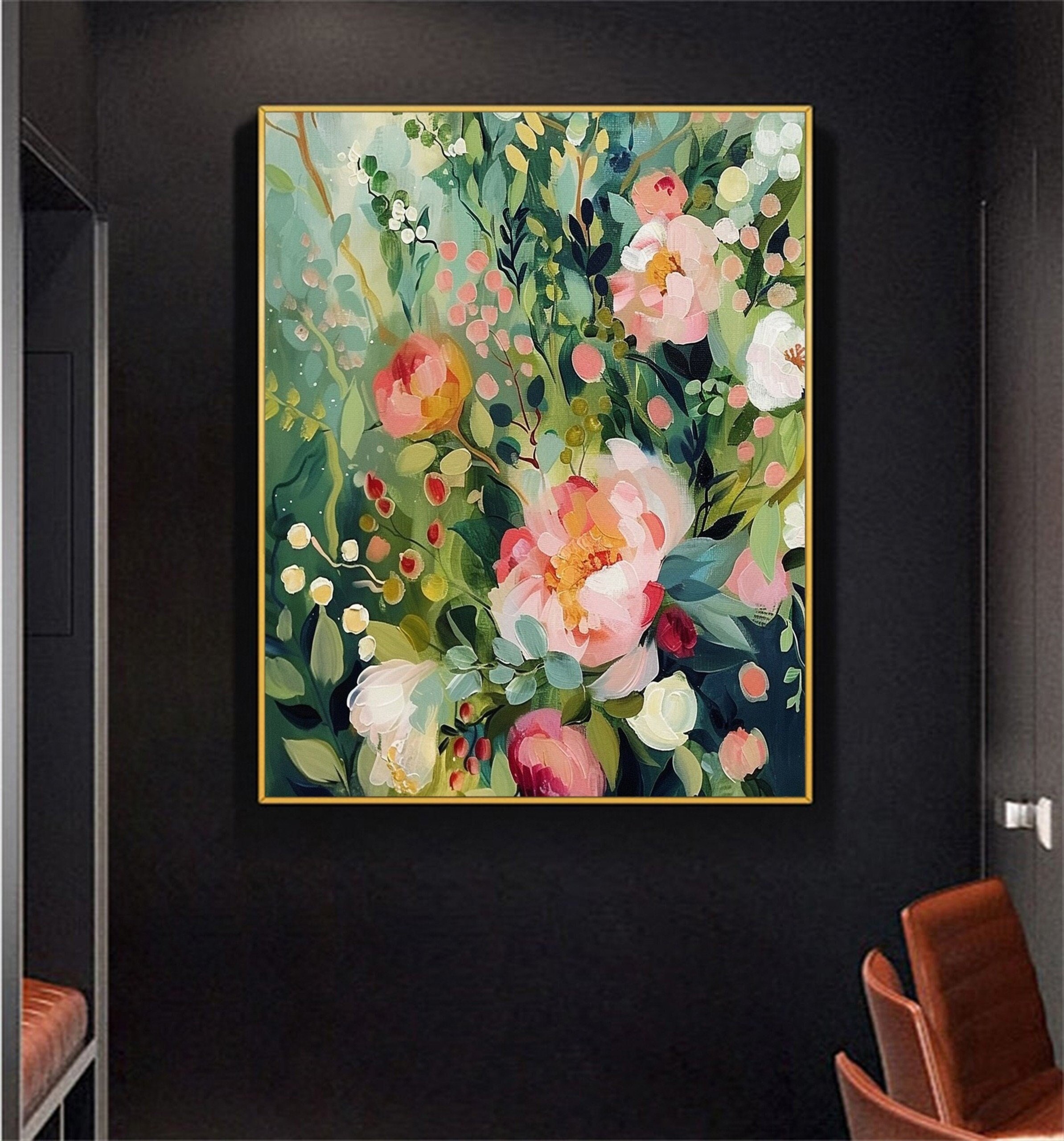 Abstract Green Flower Oil Painting on Canvas Abstract Floral Painting Boho Wall Art Modern Custom Floral Acrylic Painting Living Room Decor