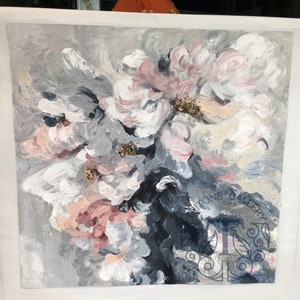 May include: Abstract painting of pink and white flowers on a gray background. The flowers are painted in a loose, expressive style, with visible brushstrokes. The painting has a textured surface and a subtle shimmer.