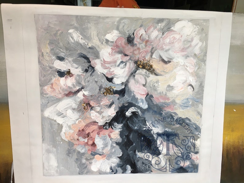 May include: Abstract painting of pink and white flowers on a gray background. The flowers are painted in a loose, expressive style, with visible brushstrokes. The painting has a textured surface and a subtle shimmer.