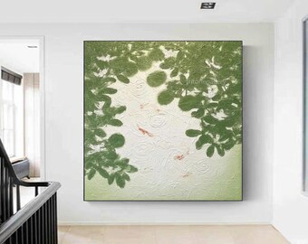 Large Green Painting Modern Acrylic Green Leaf Art, Abstract Fish Painting Water Lily Art,Modern Green Canvas Painting For Living Room Décor