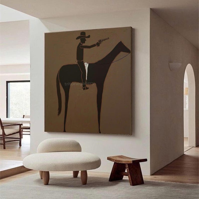 Japandi Western Cowboy Wall Art Original Western Cowboy and Horse Oil ...