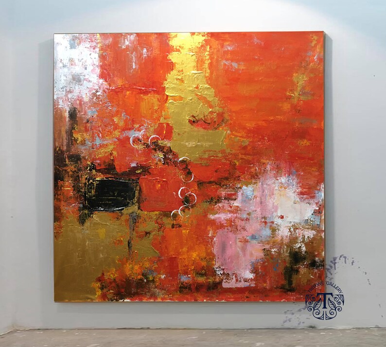 Abstract Oil Painting Red and Gold Leaf Modern Artwork Etsy