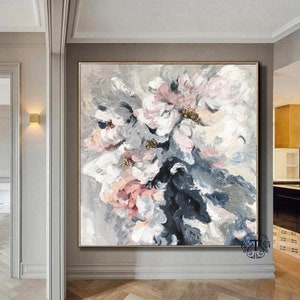 May include: Abstract painting featuring large, stylized flowers in shades of pink, white, and gray. The background is a light gray with hints of blue and gold.