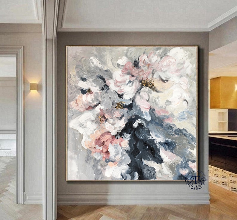 May include: Abstract painting featuring large, stylized flowers in shades of pink, white, and gray. The background is a light gray with hints of blue and gold.