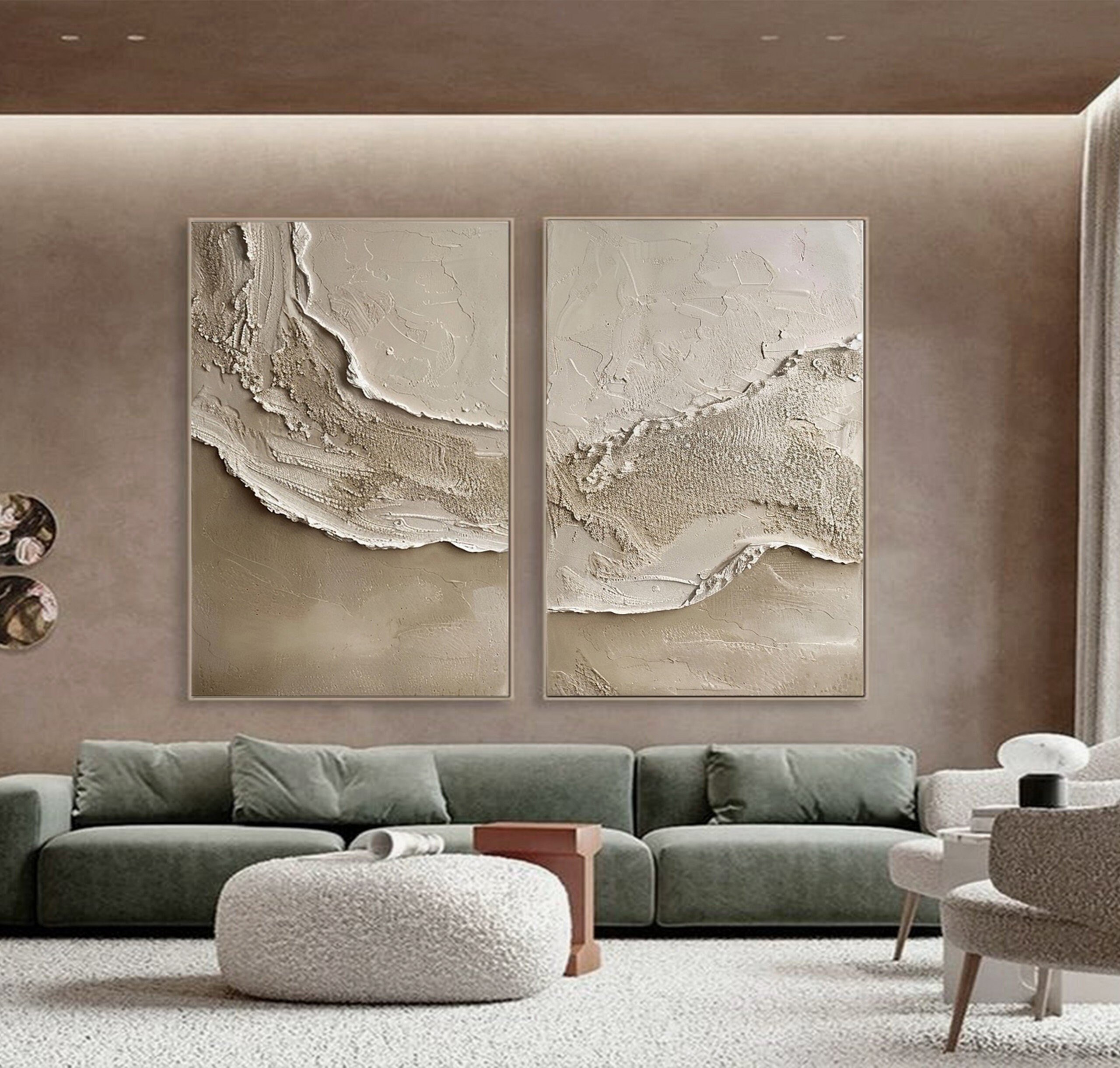 Set of 2 Beige Ocean Waves Painting on Canvas,wabi Sabi Wall