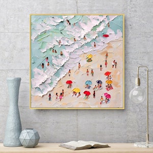 3D Happy Coast Painting Swimming Painting Abstract Summer Personalized Gift Summer Art Costal Art Crowds on the Shore Painting Living Room image 7
