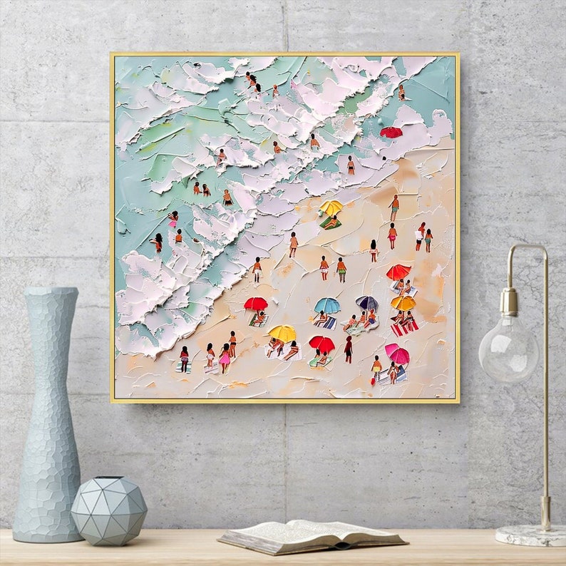 3D Happy Coast Painting Swimming Painting Abstract Summer Personalized Gift Summer Art Costal Art Crowds on the Shore Painting Living Room image 7