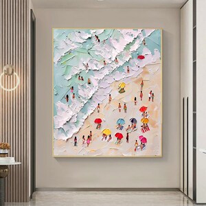 3D Happy Coast Painting Swimming Painting Abstract Summer Personalized Gift Summer Art Costal Art Crowds on the Shore Painting Living Room image 8