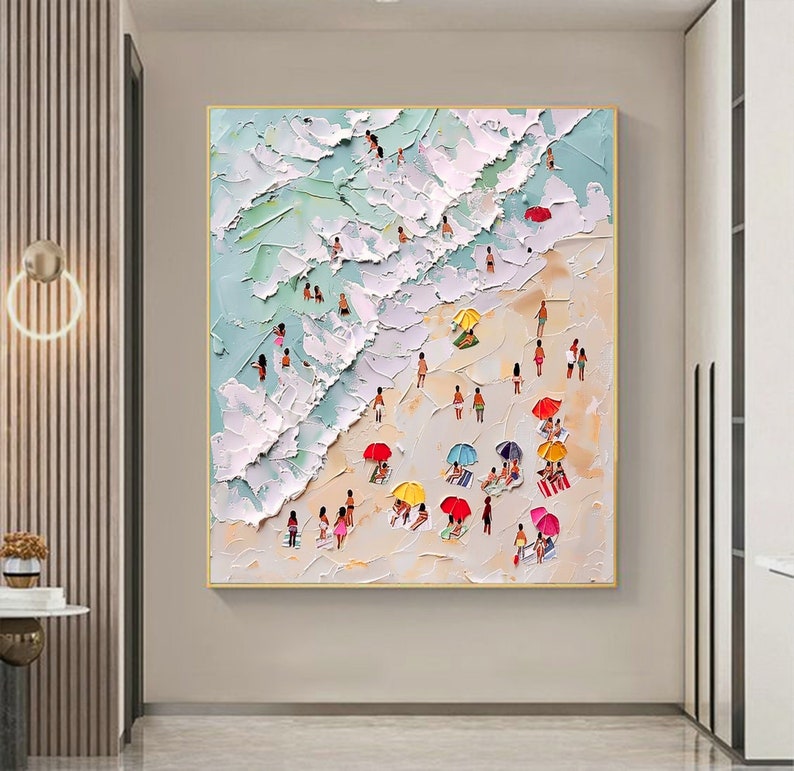 3D Happy Coast Painting Swimming Painting Abstract Summer Personalized Gift Summer Art Costal Art Crowds on the Shore Painting Living Room image 8