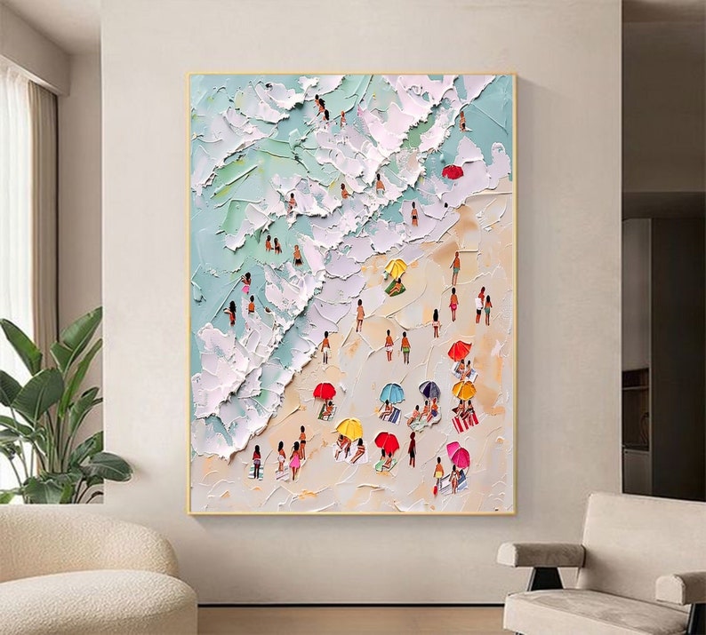 3D Happy Coast Painting Swimming Painting Abstract Summer Personalized Gift Summer Art Costal Art Crowds on the Shore Painting Living Room image 2