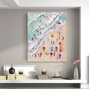 3D Happy Coast Painting Swimming Painting Abstract Summer Personalized Gift Summer Art Costal Art Crowds on the Shore Painting Living Room image 5