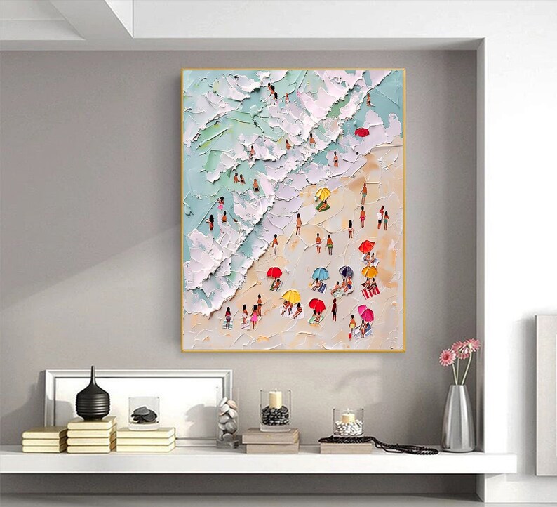 3D Happy Coast Painting Swimming Painting Abstract Summer Personalized Gift Summer Art Costal Art Crowds on the Shore Painting Living Room image 5