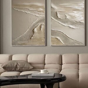 Texture Beige Abstract Beach Ocean Waves Painting On Canvas,Wabi Sabi Art,Set of 2 Pieces Waves Painting,Minimalists 3D Wall Art,Home Decor image 9