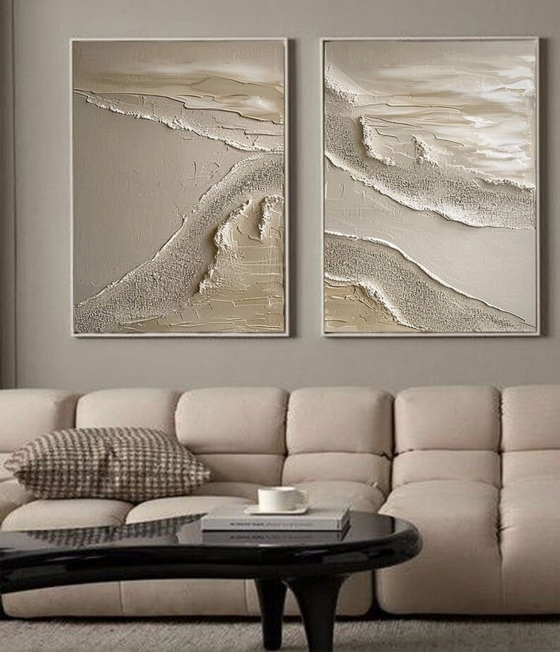 Texture Beige Abstract Beach Ocean Waves Painting On Canvas,Wabi Sabi Art,Set of 2 Pieces Waves Painting,Minimalists 3D Wall Art,Home Decor image 9
